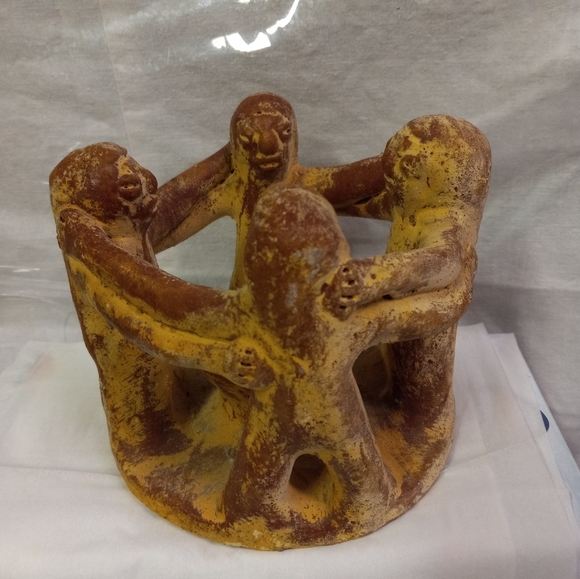 MEXICO Aztec Handmade Clay Pottery Circle Of Friends Candle Holder 4 People - Picture 1 of 5